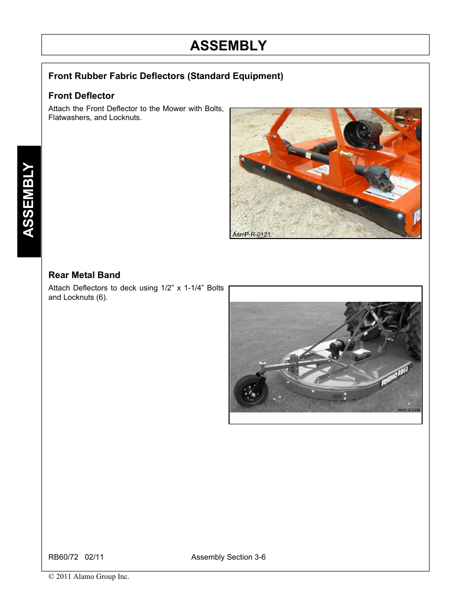 Front deflector, Rear metal band, Assembly | Assembl y | Blue Rhino RB60/72 User Manual | Page 98 / 178