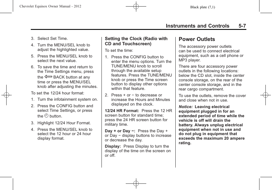 Power outlets, Power outlets -7, Instruments and controls 5-7 | CHEVROLET 2012 Equinox User Manual | Page 123 / 428