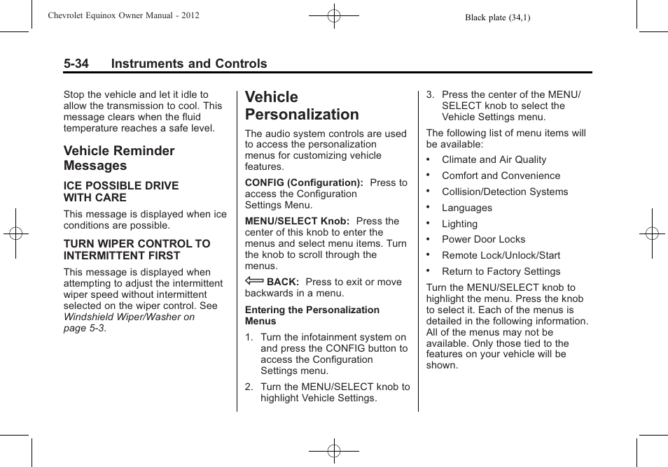 Vehicle reminder messages, Vehicle personalization, Brakes | Vehicle reminder, Messages -34, Vehicle personalization -34, Steering, 34 instruments and controls | CHEVROLET 2012 Equinox User Manual | Page 150 / 428