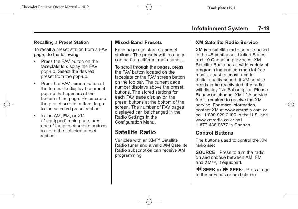 Satellite radio, Satellite radio -19, Infotainment system 7-19 | CHEVROLET 2012 Equinox User Manual | Page 179 / 428