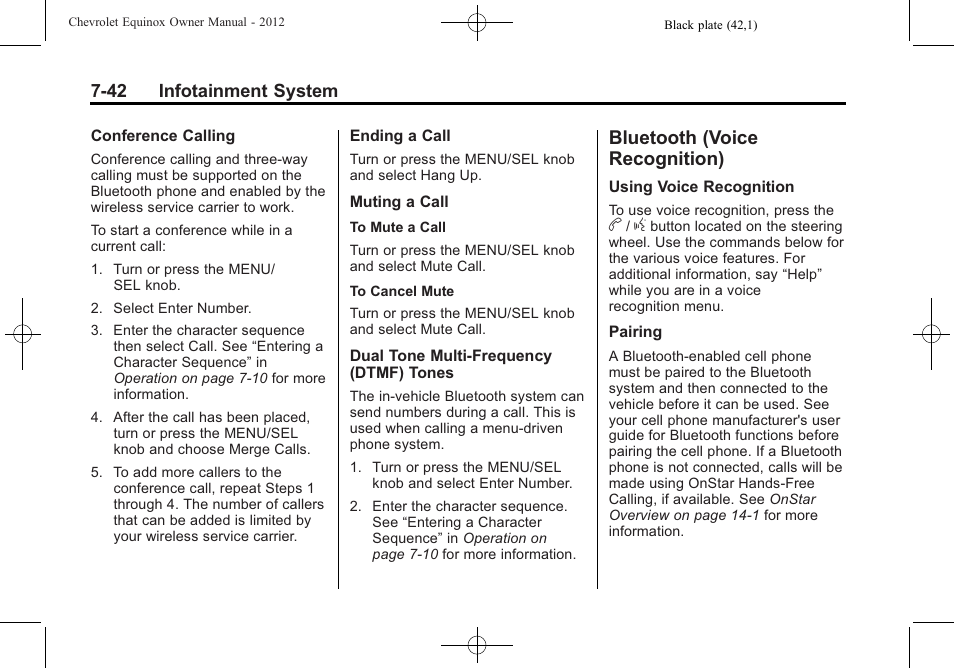 Bluetooth (voice recognition), Bluetooth (voice, Recognition) -42 | Warning | CHEVROLET 2012 Equinox User Manual | Page 202 / 428