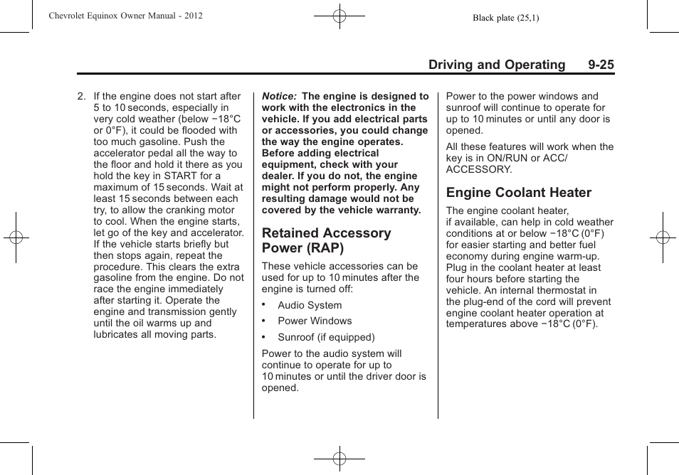 Retained accessory power (rap), Engine coolant heater, Retained accessory | Power (rap) -25, Engine coolant heater -25, Driving and operating 9-25 | CHEVROLET 2012 Equinox User Manual | Page 241 / 428