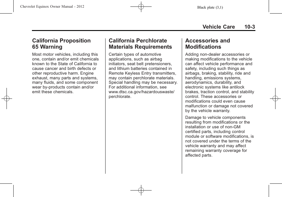 California proposition 65 warning, California perchlorate materials requirements, Accessories and modifications | California proposition, 65 warning -3, California perchlorate, Materials requirements -3, Accessories and, Modifications -3 | CHEVROLET 2012 Equinox User Manual | Page 283 / 428