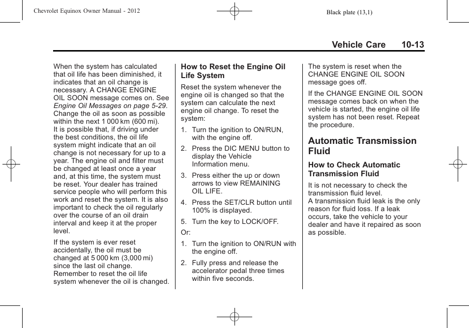 Automatic transmission fluid, Automatic transmission, Fluid -13 | Vehicle care 10-13 | CHEVROLET 2012 Equinox User Manual | Page 293 / 428