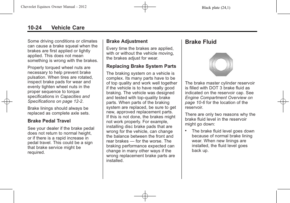 Brake fluid, Brake fluid -24, 24 vehicle care | CHEVROLET 2012 Equinox User Manual | Page 304 / 428