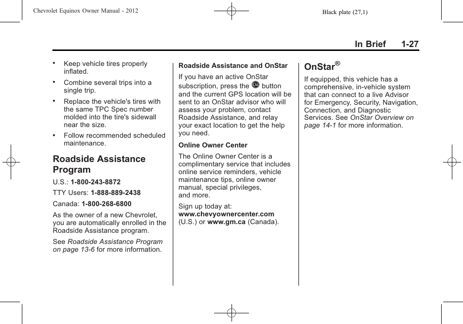 Roadside assistance program, Onstar, Roadside assistance | Program -27 | CHEVROLET 2012 Equinox User Manual | Page 33 / 428