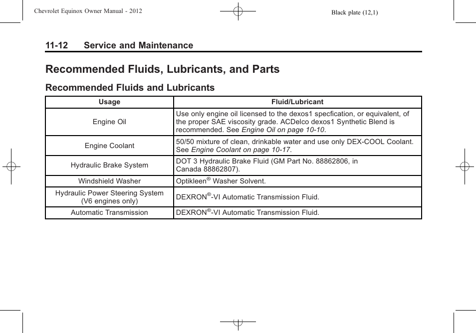 Recommended fluids, lubricants, and parts, Recommended fluids and lubricants, Recommended fluids | Lubricants, and parts -12, Recommended fluids and, Lubricants -12, 12 service and maintenance | CHEVROLET 2012 Equinox User Manual | Page 380 / 428