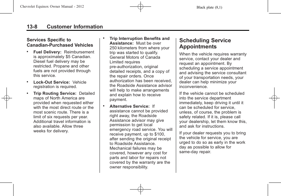 Scheduling service appointments, Scheduling service, Appointments -8 | 8 customer information | CHEVROLET 2012 Equinox User Manual | Page 398 / 428