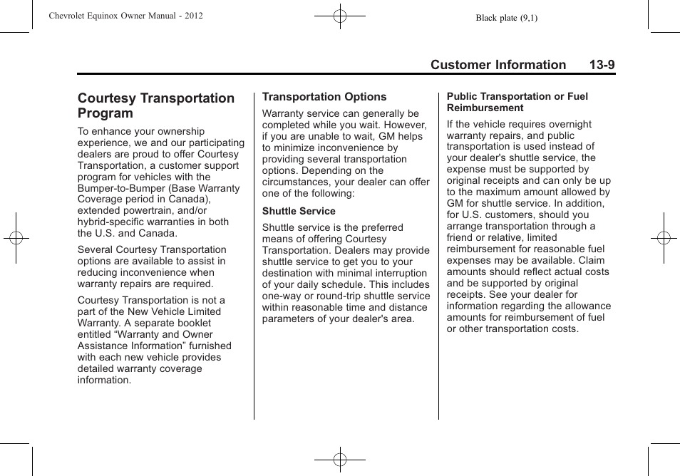 Courtesy transportation program, Courtesy transportation, Program -9 | CHEVROLET 2012 Equinox User Manual | Page 399 / 428