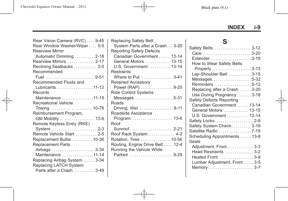 Index_s, Index i-9 | CHEVROLET 2012 Equinox User Manual | Page 425 / 428