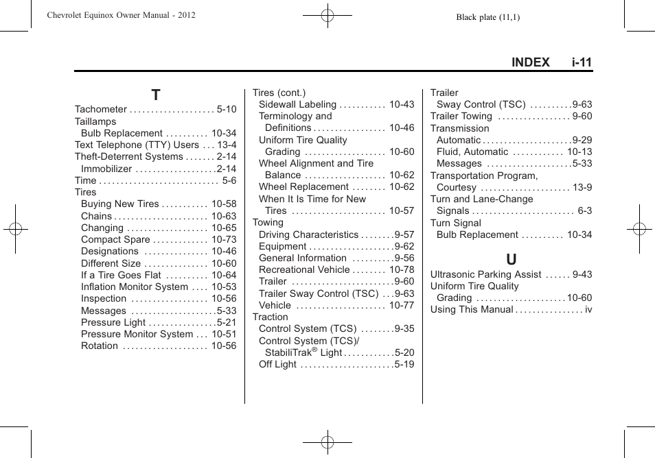 Index_t, Index_u, Index i-11 | CHEVROLET 2012 Equinox User Manual | Page 427 / 428