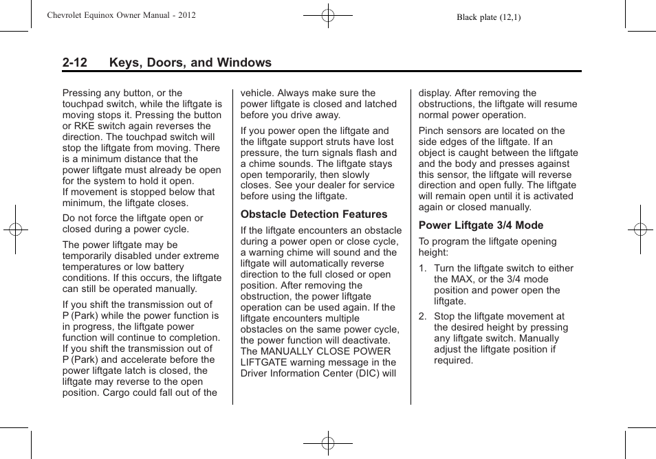 12 keys, doors, and windows | CHEVROLET 2012 Equinox User Manual | Page 46 / 428