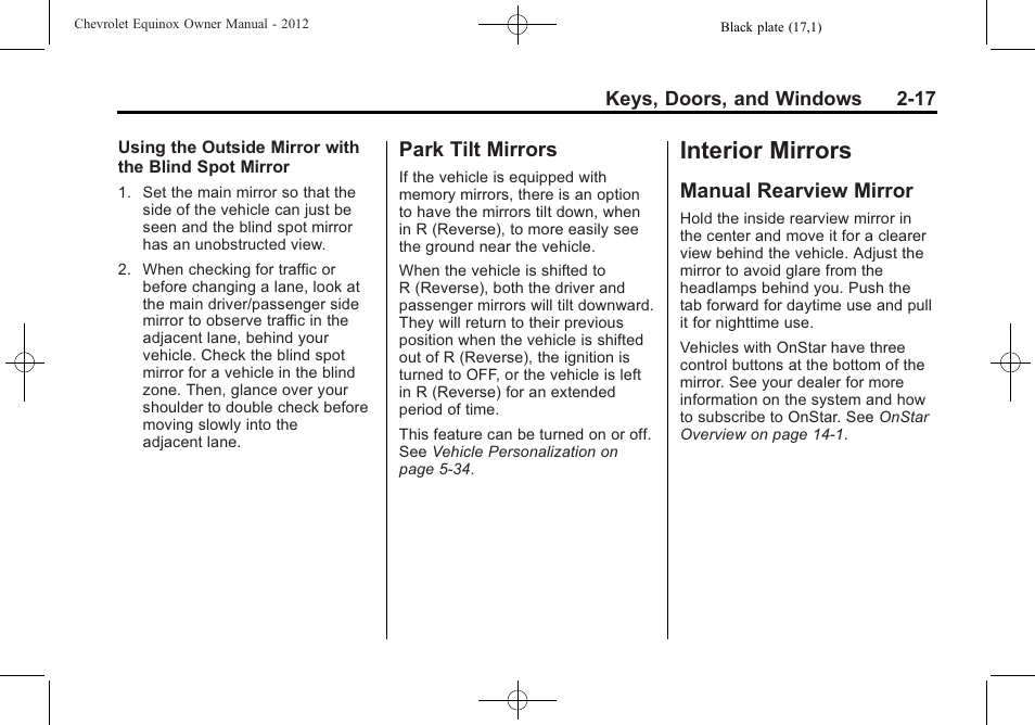 Park tilt mirrors, Interior mirrors, Manual rearview mirror | Interior mirrors -17, Park tilt mirrors -17, Manual rearview mirror -17 | CHEVROLET 2012 Equinox User Manual | Page 51 / 428