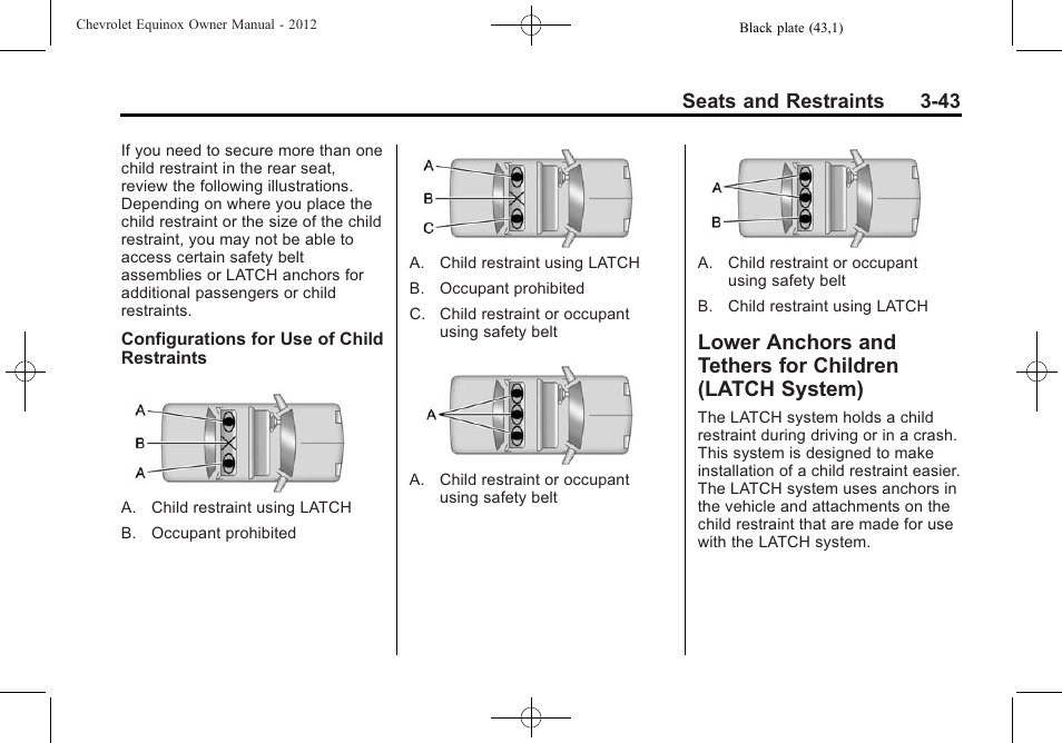 Lower anchors and tethers, For children (latch system) -43, Seats and restraints 3-43 | CHEVROLET 2012 Equinox User Manual | Page 99 / 428