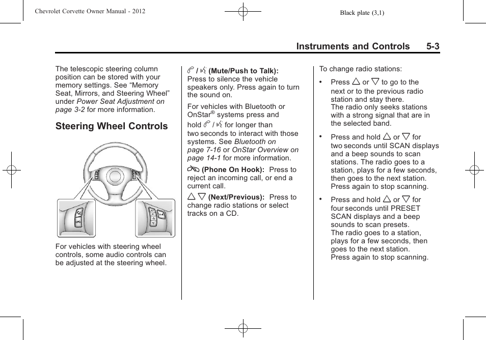 Steering wheel controls, Steering wheel controls -3 | CHEVROLET 2012 Corvette User Manual | Page 117 / 432