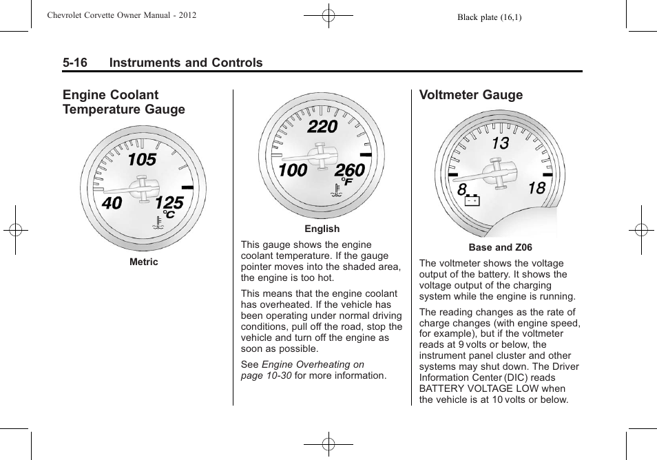 Engine coolant temperature gauge, Voltmeter gauge, Engine coolant temperature | Gauge -16, Voltmeter gauge -16 | CHEVROLET 2012 Corvette User Manual | Page 130 / 432