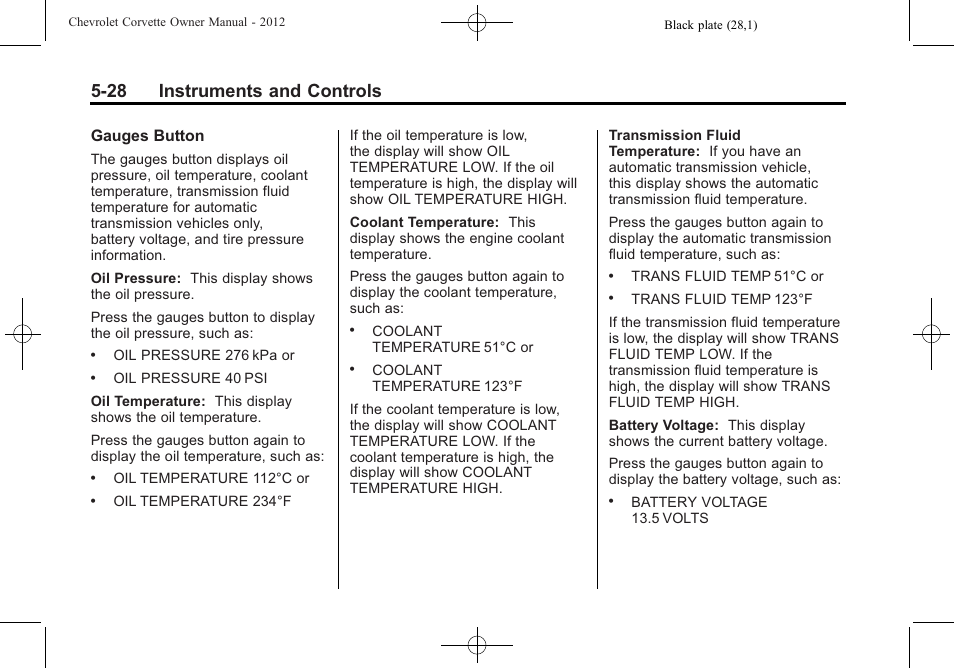28 instruments and controls | CHEVROLET 2012 Corvette User Manual | Page 142 / 432