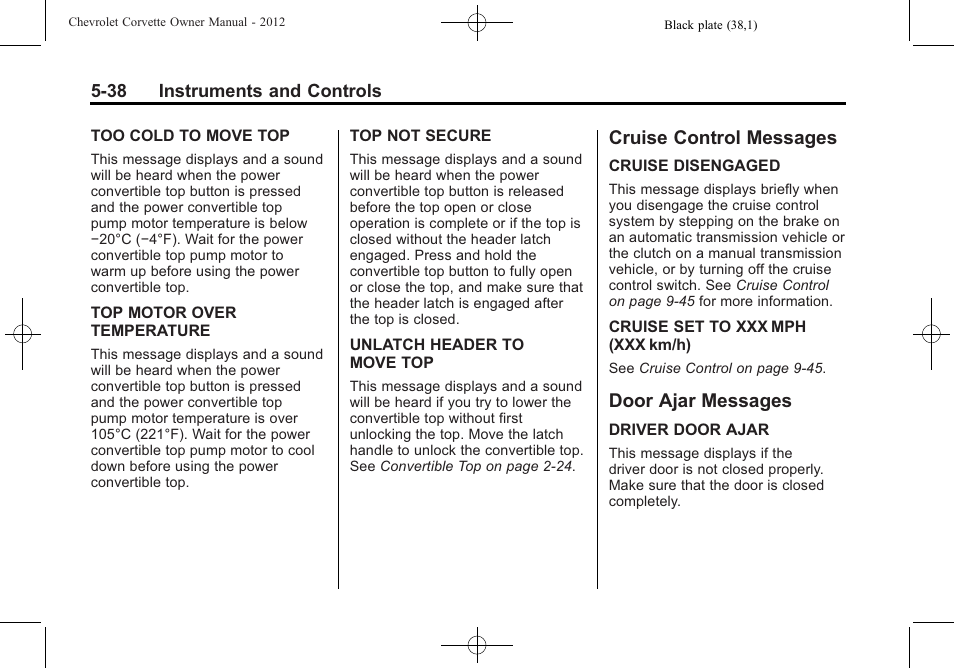 Cruise control messages, Door ajar messages, Cruise control messages -38 door ajar messages -38 | CHEVROLET 2012 Corvette User Manual | Page 152 / 432