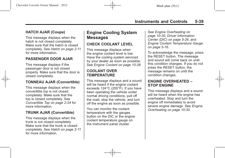 Engine cooling system messages, Engine cooling system, Messages -39 | CHEVROLET 2012 Corvette User Manual | Page 153 / 432