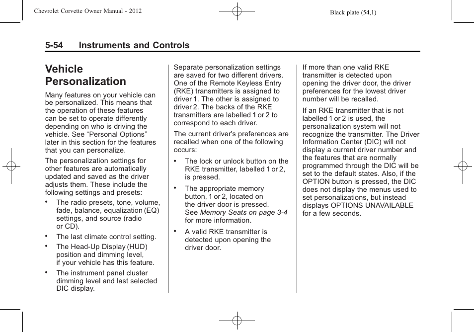 Vehicle personalization, Vehicle personalization -54, 54 instruments and controls | CHEVROLET 2012 Corvette User Manual | Page 168 / 432