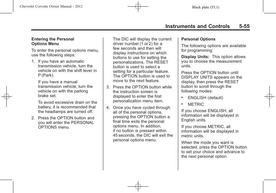 Instruments and controls 5-55 | CHEVROLET 2012 Corvette User Manual | Page 169 / 432