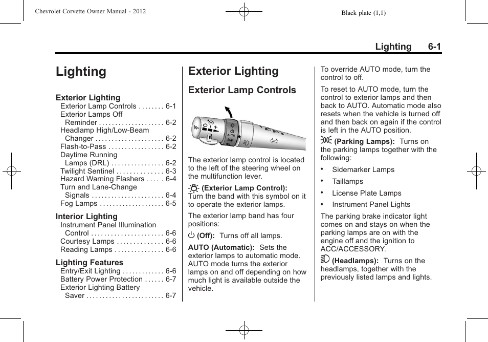 Lighting, Exterior lighting, Exterior lamp controls | Lighting -1, Exterior lighting -1 | CHEVROLET 2012 Corvette User Manual | Page 183 / 432
