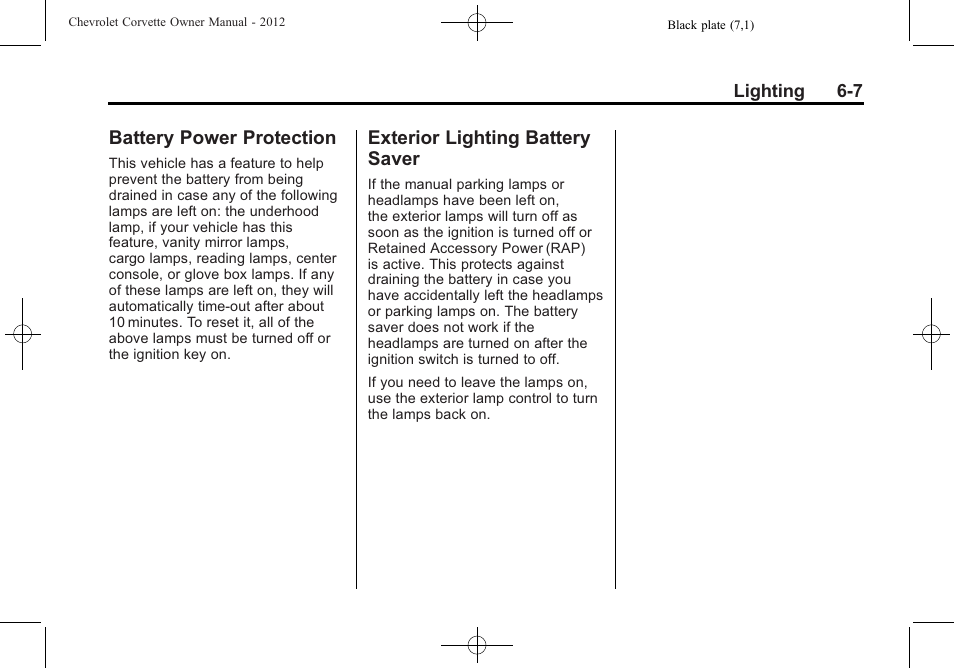 Battery power protection, Exterior lighting battery saver, Saver -7 | CHEVROLET 2012 Corvette User Manual | Page 189 / 432