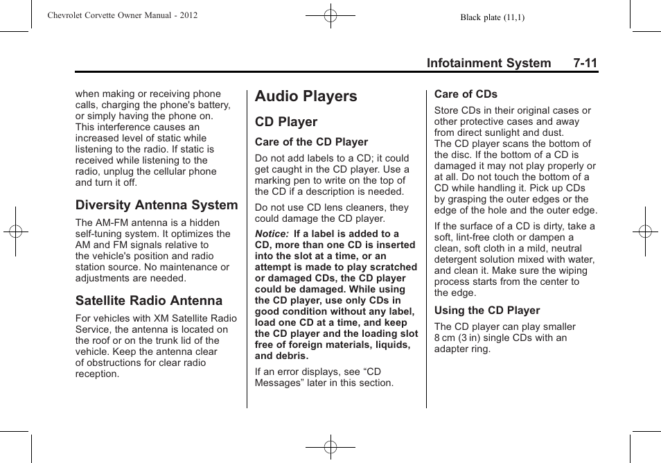 Diversity antenna system, Satellite radio antenna, Audio players | Cd player, Cd player -11 | CHEVROLET 2012 Corvette User Manual | Page 201 / 432