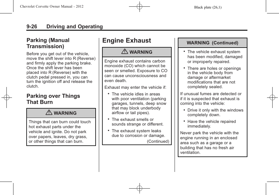 Parking (manual transmission), Parking over things that burn, Engine exhaust | Engine exhaust -26, Jump, Manual, Transmission) -26, Parking over things, That burn -26, 26 driving and operating | CHEVROLET 2012 Corvette User Manual | Page 248 / 432