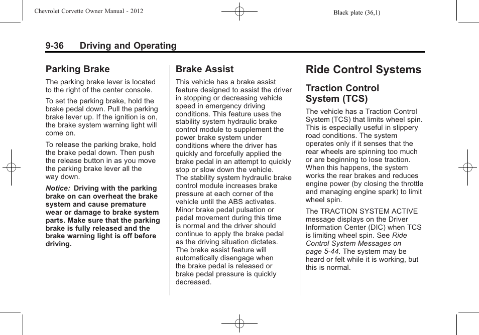 Parking brake, Brake assist, Ride control systems | Traction control system (tcs), Ride control systems -36, Service and maintenance, Parking brake -36 brake assist -36, Raction control, System (tcs) -36 | CHEVROLET 2012 Corvette User Manual | Page 258 / 432