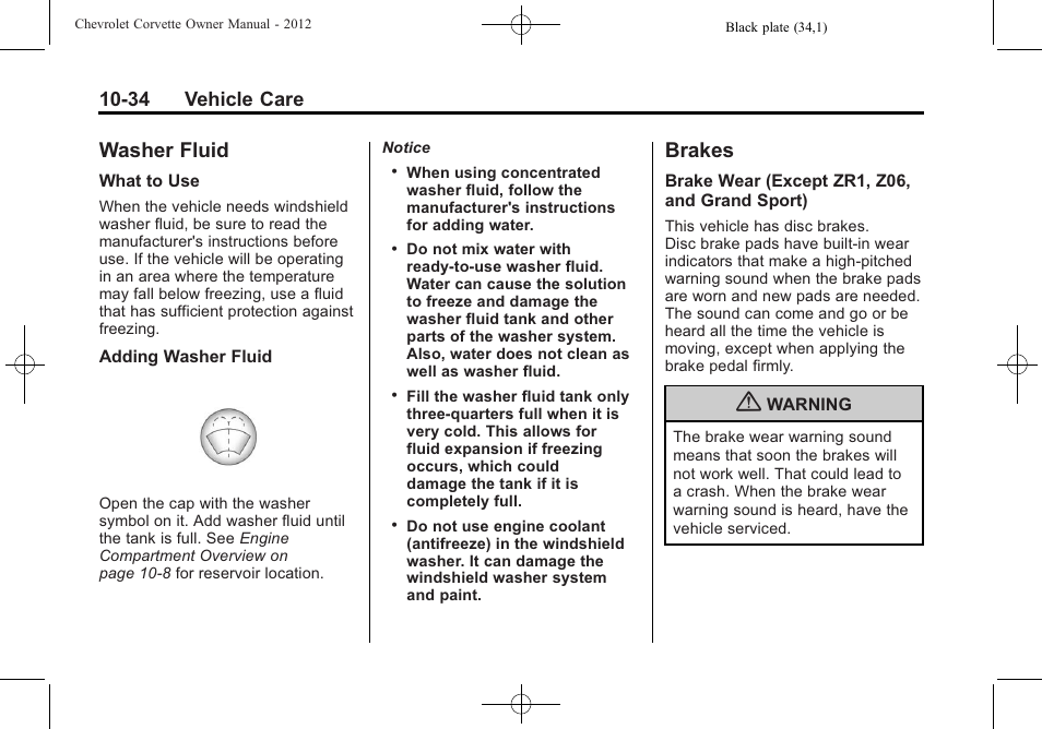 Washer fluid, Brakes, Washer fluid -34 brakes -34 | Replacement, 34 vehicle care | CHEVROLET 2012 Corvette User Manual | Page 310 / 432