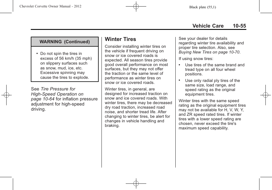 Winter tires, Winter tires -55, Vehicle care 10-55 | CHEVROLET 2012 Corvette User Manual | Page 331 / 432