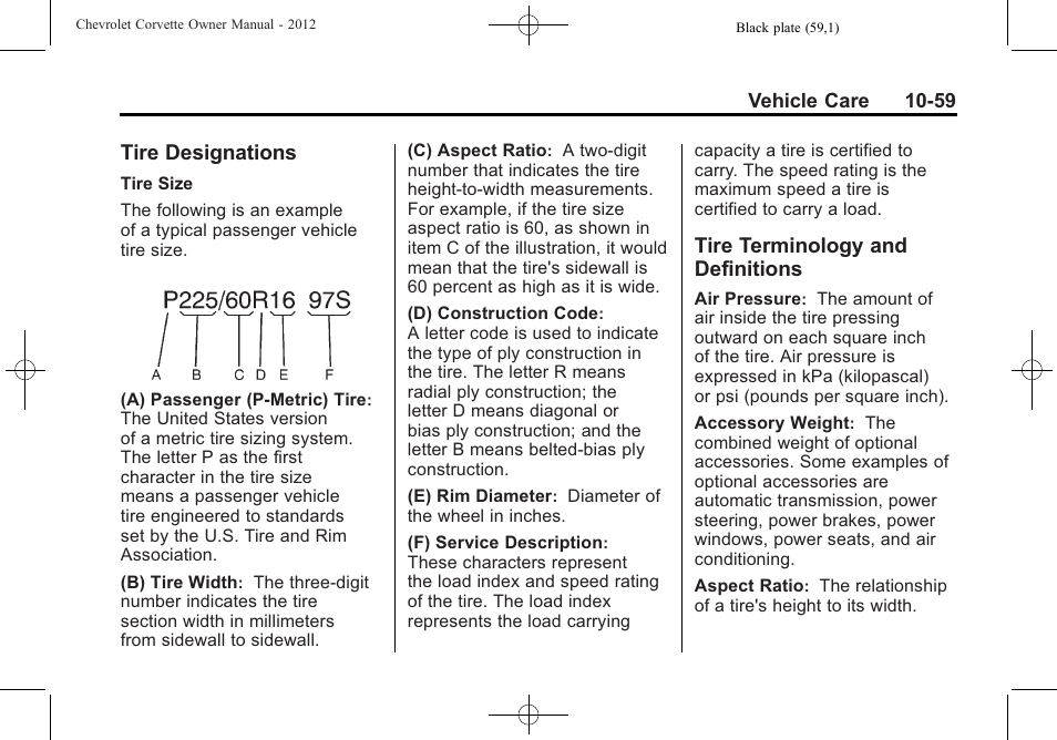 Tire designations, Tire terminology and definitions, Tire designations -59 tire terminology and | Definitions -59 | CHEVROLET 2012 Corvette User Manual | Page 335 / 432