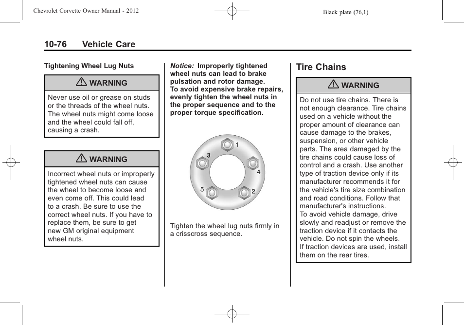 Tire chains, Tire chains -76 | CHEVROLET 2012 Corvette User Manual | Page 352 / 432