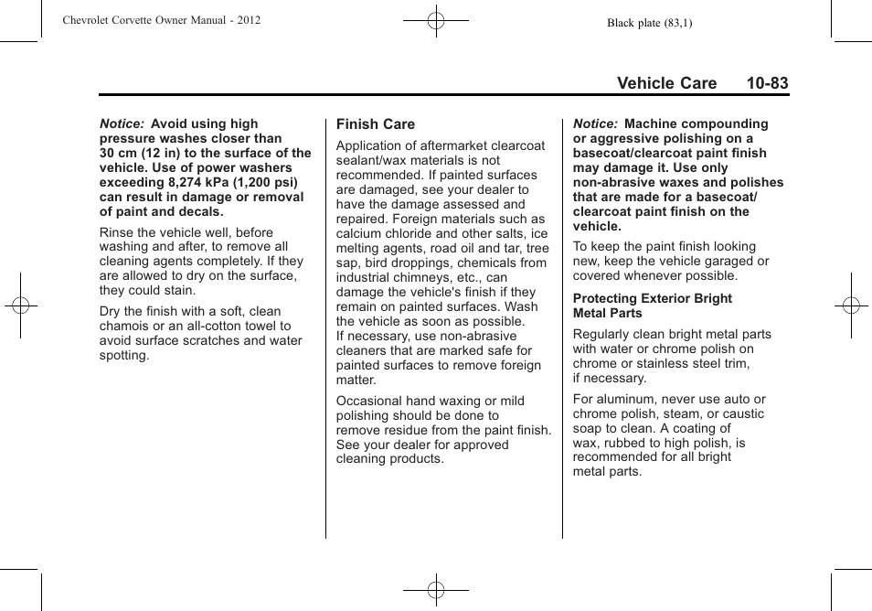 Vehicle care 10-83 | CHEVROLET 2012 Corvette User Manual | Page 359 / 432