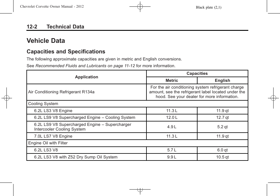 Vehicle data, Capacities and specifications, Capacities and | Specifications -2, 2 technical data | CHEVROLET 2012 Corvette User Manual | Page 386 / 432