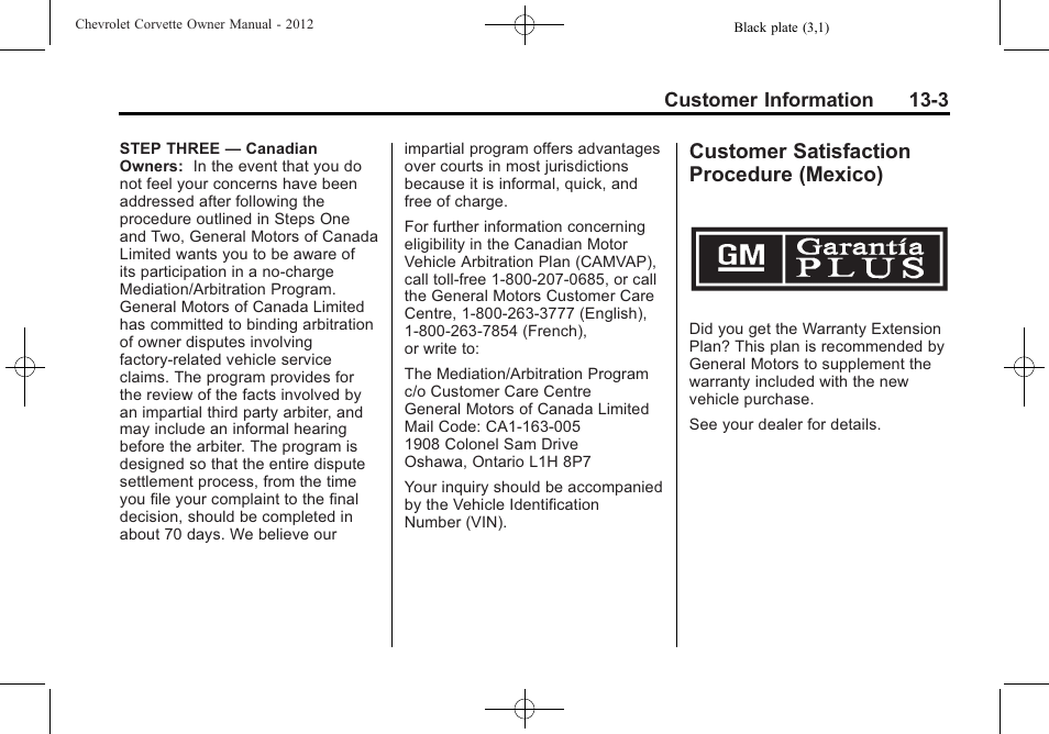 Customer satisfaction procedure (mexico), Customer satisfaction, Procedure (mexico) -3 | CHEVROLET 2012 Corvette User Manual | Page 393 / 432