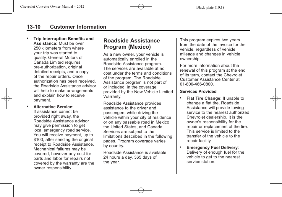 Roadside assistance program (mexico), Roadside assistance, Program (mexico) -10 | 10 customer information | CHEVROLET 2012 Corvette User Manual | Page 400 / 432