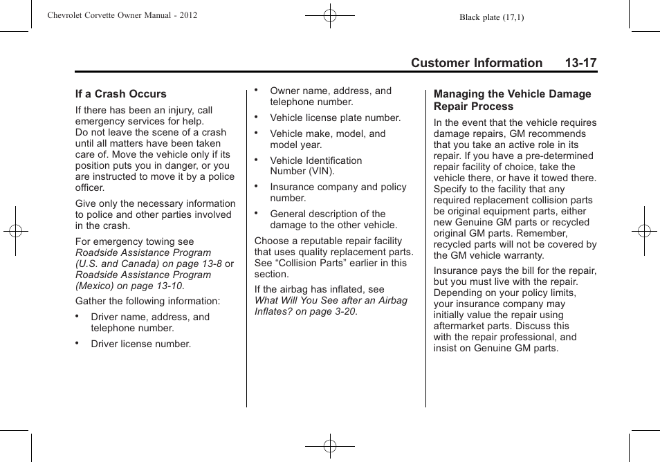 Customer information 13-17 | CHEVROLET 2012 Corvette User Manual | Page 407 / 432
