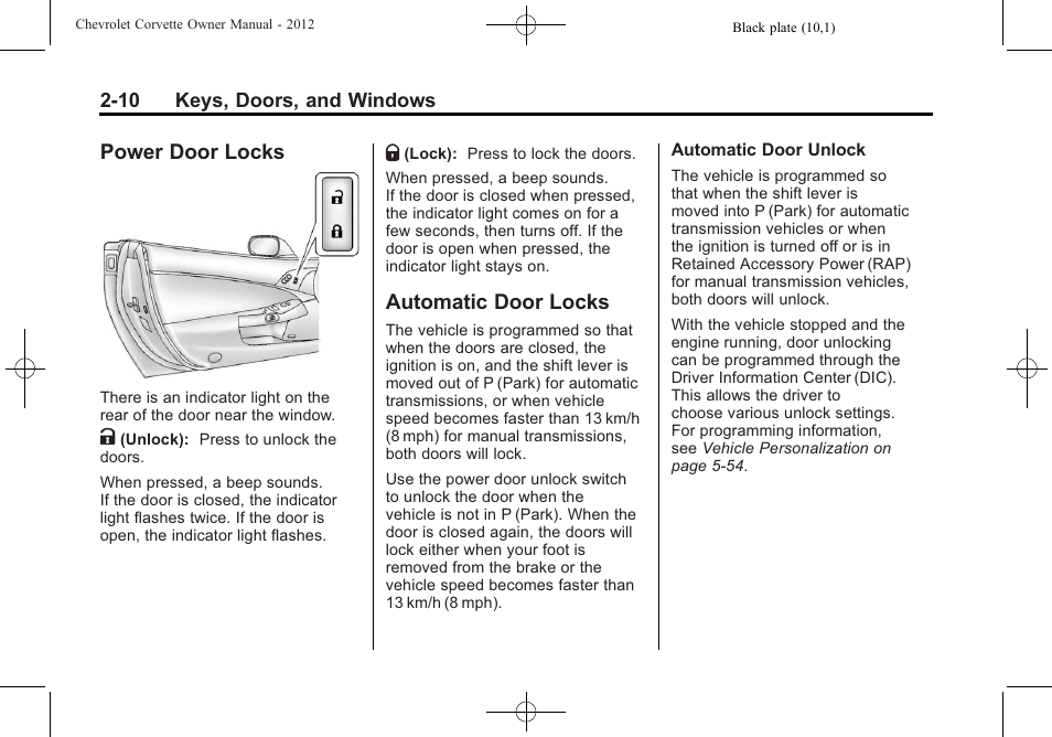 Power door locks, Automatic door locks, Power door locks -10 automatic door locks -10 | CHEVROLET 2012 Corvette User Manual | Page 42 / 432