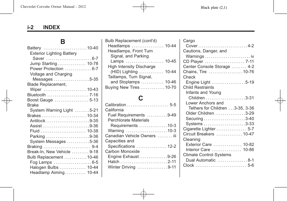 Index_b, Index_c, I-2 index | CHEVROLET 2012 Corvette User Manual | Page 422 / 432