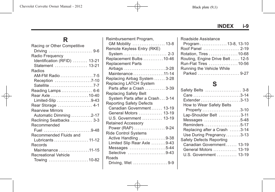 Index_r, Index_s, Index i-9 | CHEVROLET 2012 Corvette User Manual | Page 429 / 432