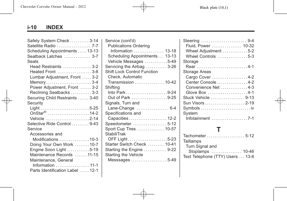 Index_t, I-10 index | CHEVROLET 2012 Corvette User Manual | Page 430 / 432