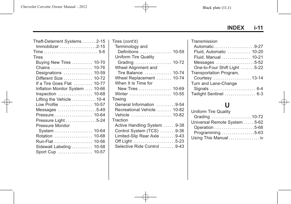 Index_u, Index i-11 | CHEVROLET 2012 Corvette User Manual | Page 431 / 432