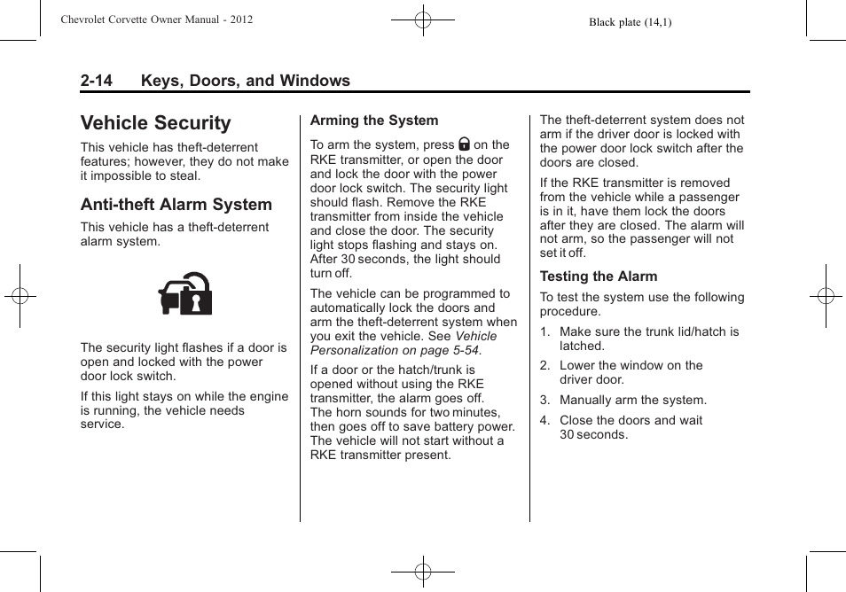 Vehicle security, Anti-theft alarm system, Vehicle security -14 | Instruments, Vehicle security -14 anti-theft alarm system -14, Windows | CHEVROLET 2012 Corvette User Manual | Page 46 / 432