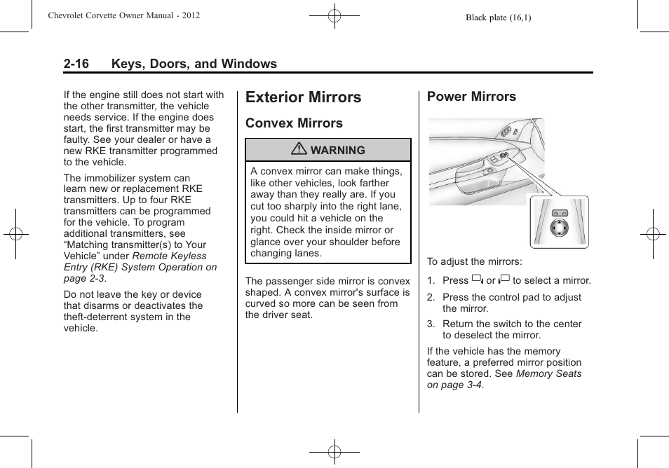 Exterior mirrors, Convex mirrors, Power mirrors | Exterior mirrors -16, Convex mirrors -16, Mirrors -16 | CHEVROLET 2012 Corvette User Manual | Page 48 / 432