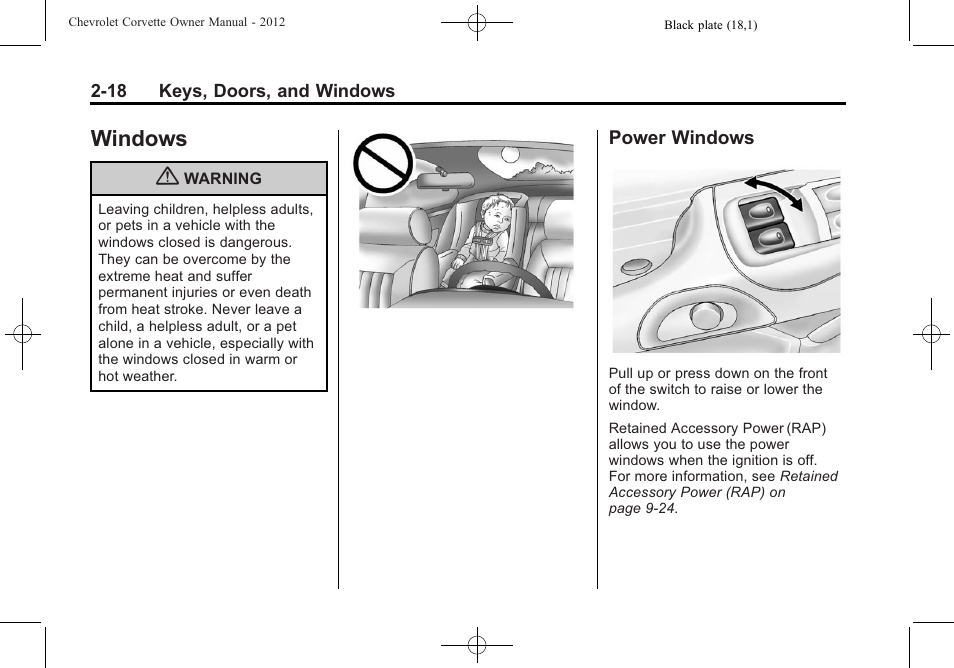 Windows, Power windows, Windows -18 | 18 power windows -18 | CHEVROLET 2012 Corvette User Manual | Page 50 / 432