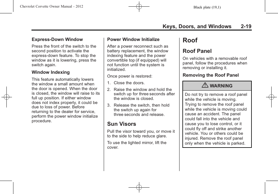 Sun visors, Roof, Roof panel | Roof -19, Sun visors -19, Roof panel -19 | CHEVROLET 2012 Corvette User Manual | Page 51 / 432