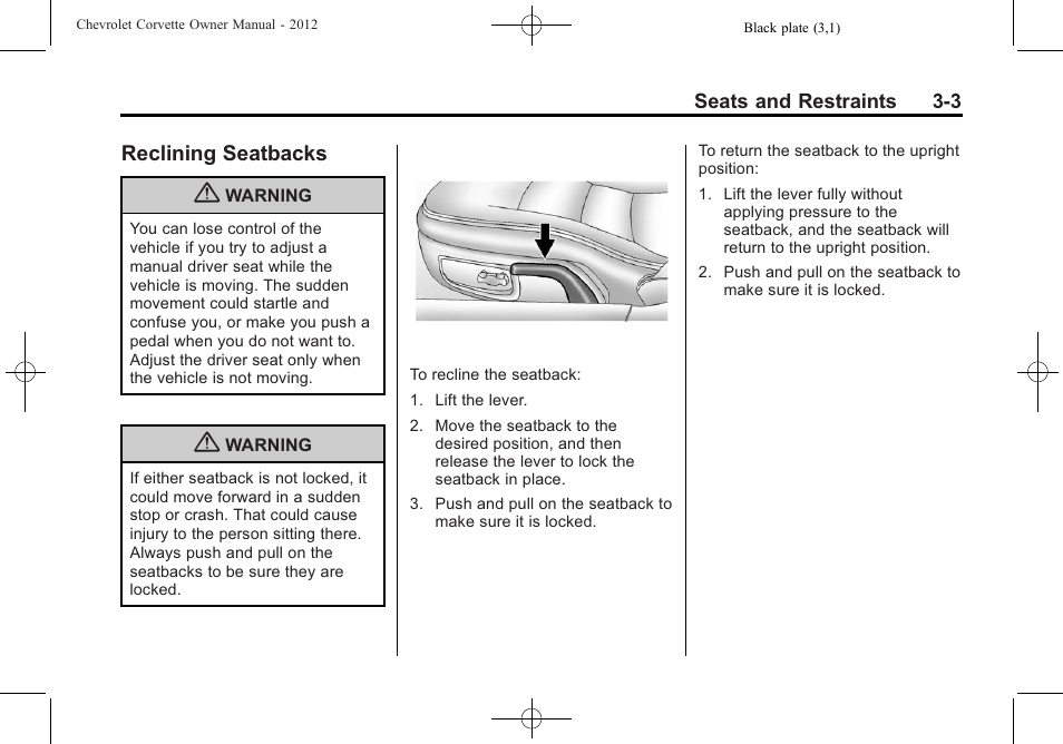 Reclining seatbacks, Reclining seatbacks -3 | CHEVROLET 2012 Corvette User Manual | Page 69 / 432