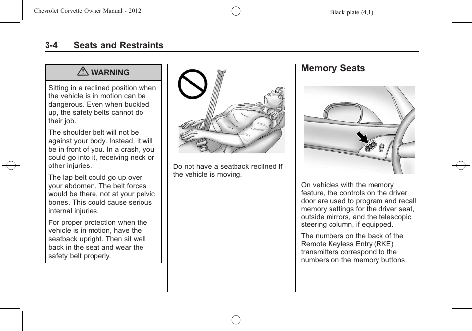 Memory seats, Memory seats -4 | CHEVROLET 2012 Corvette User Manual | Page 70 / 432